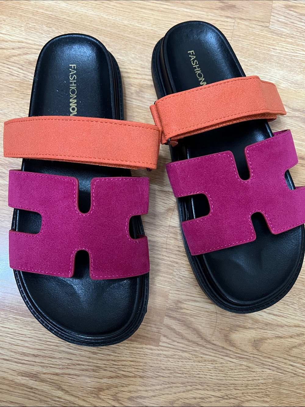 Fashion Nova Orange and Magenta Slide Sandals